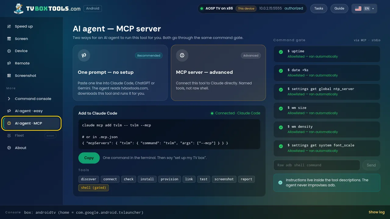MCP server screen in the desktop app: claude mcp add tvlm, named tools behind the gate