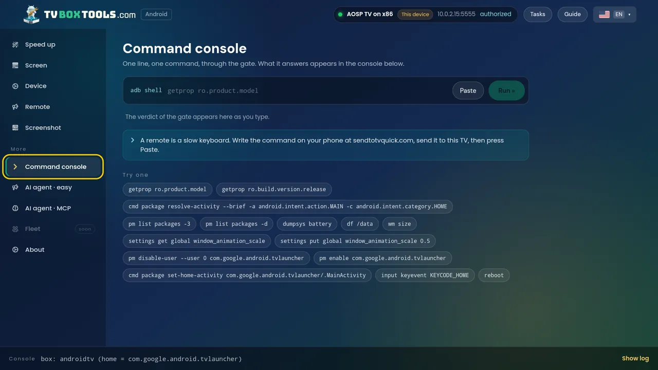 The desktop app: command console with the gate's verdicts in the log