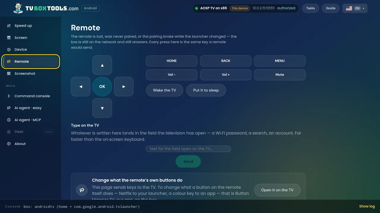 The desktop app: on-screen remote with sidebar navigation