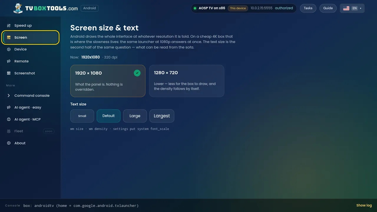 The desktop app: screen size and text settings