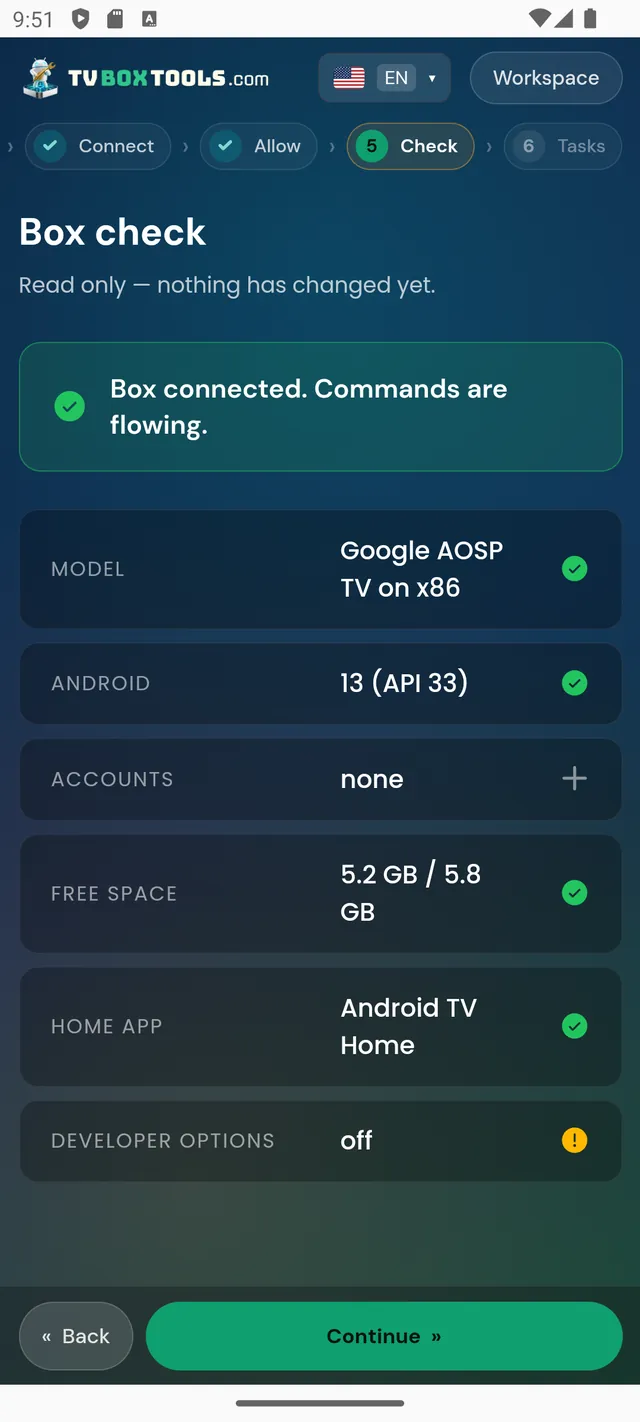 Box check screen: model, Android version, accounts, free space, home app — read only