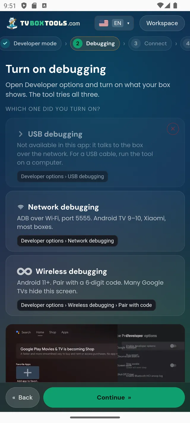 Turn on debugging: USB, network and wireless debugging explained, with a photo of the TV menu