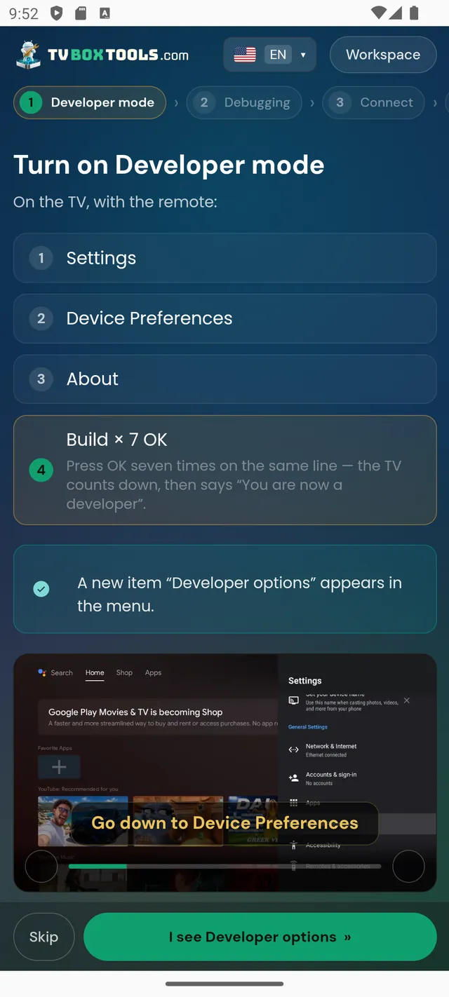 The wizard showing the real Android TV menus while enabling Developer options