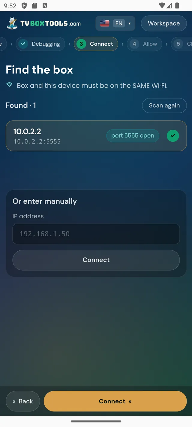 Find the box: network scan found a box with port 5555 open, manual IP entry below