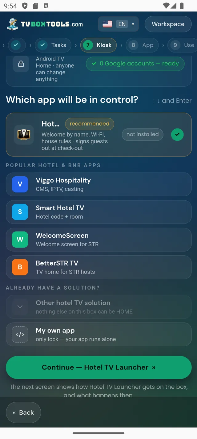 TV Launcher Manager asking which app will be in control of a hotel box, with Hotel TV Launcher recommended and other hospitality apps listed
