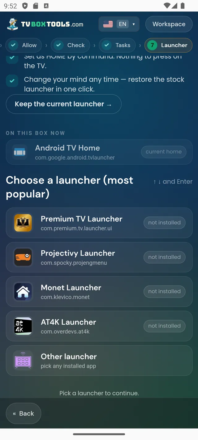 TV Box Tools launcher picker: keep the current launcher or pick one of the most popular