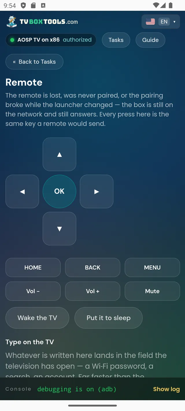 TV Box Tools on-screen remote: arrows, OK, HOME, volume and typing on the TV