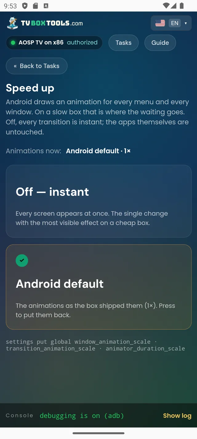 Speed up: turn Android animations off for instant transitions, apps untouched