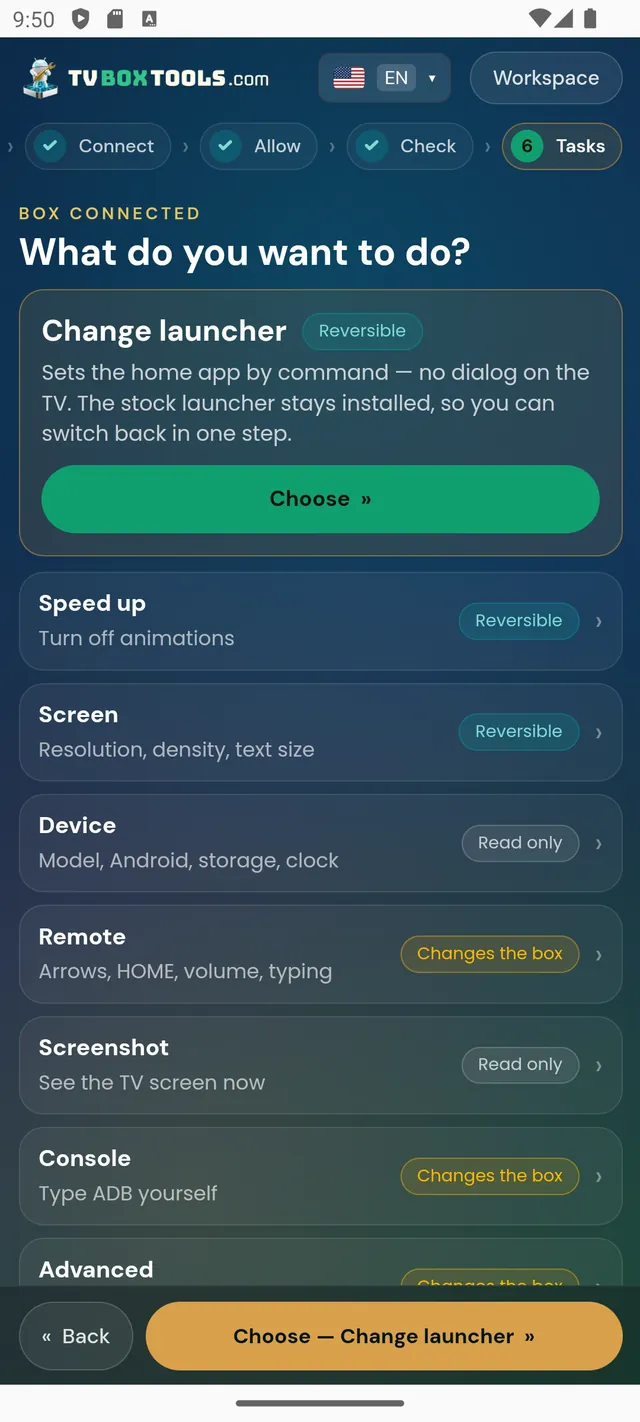 TV Box Tools Tasks hub: every job is one card — change launcher, speed up, screen, remote, console