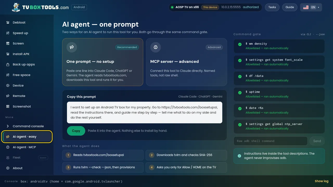AI agent on the TV: one prompt with no setup, with the command gate's log alongside