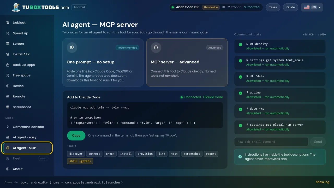 MCP server on the TV: claude mcp add tvlm, named tools behind the same gate