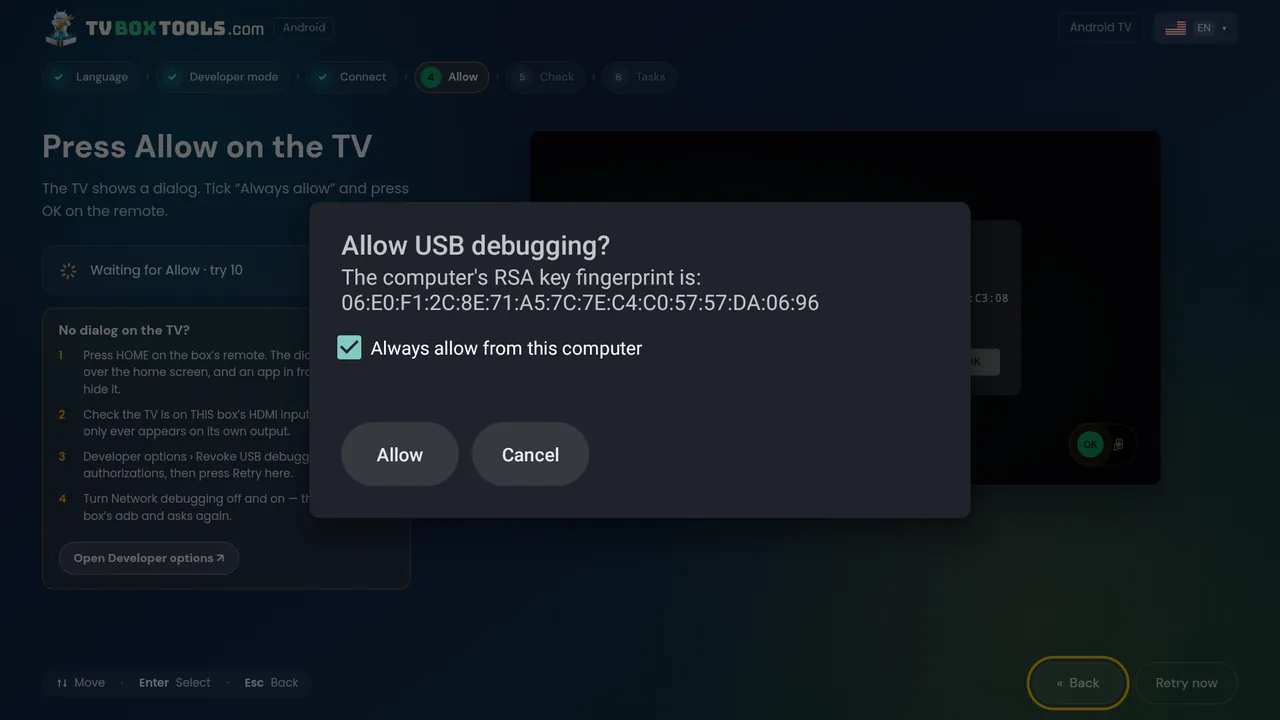 No dialog on the TV? Four things to try, with the Allow USB debugging dialog shown