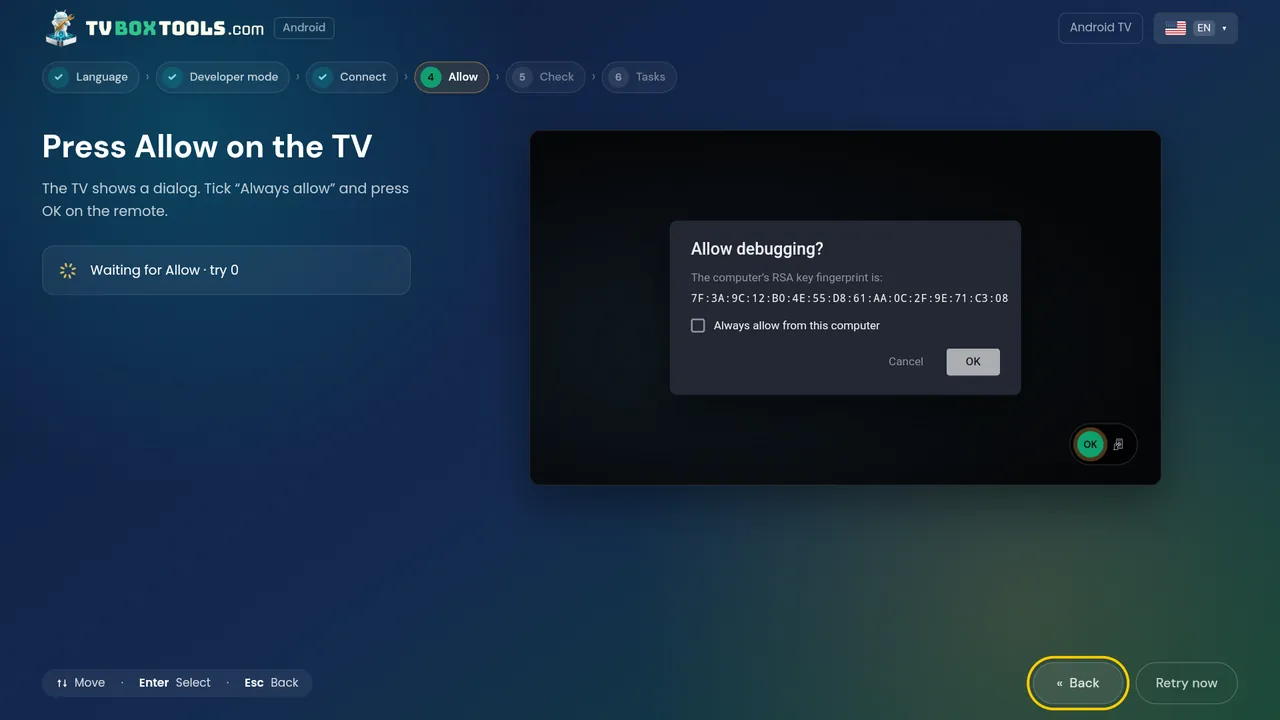 Waiting for Allow: the TV shows the debugging dialog with the computer's RSA fingerprint