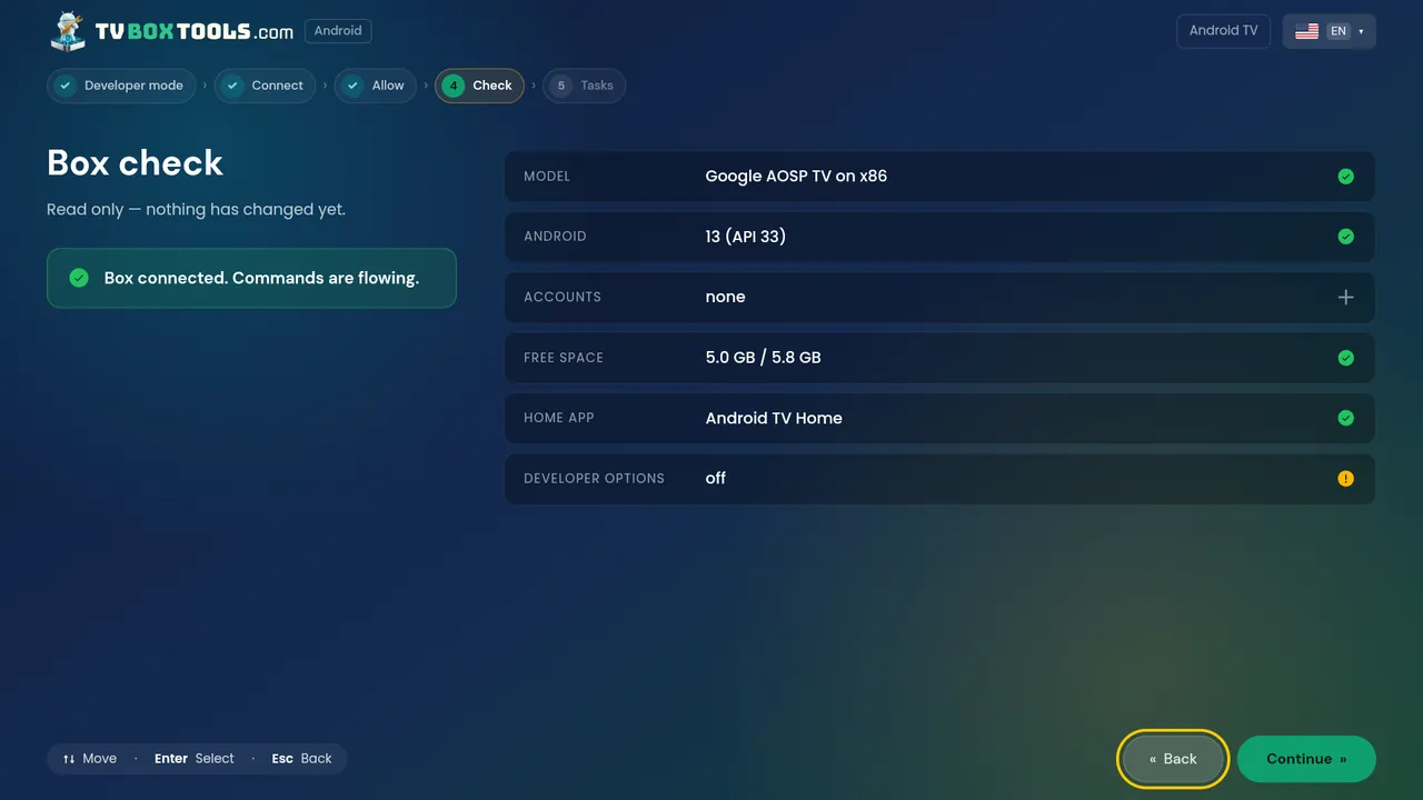 Box check on the TV: model, Android, free space, home app