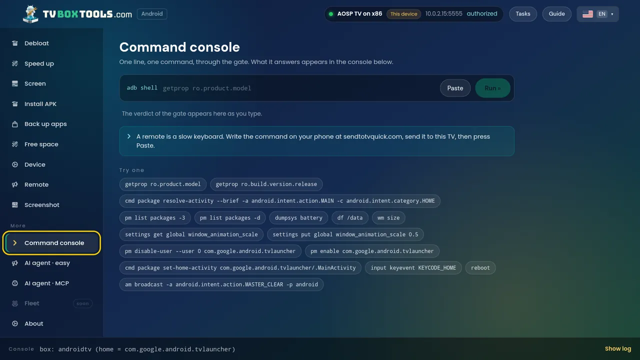 Command console on the TV, behind the gate, with ready-made safe commands to try