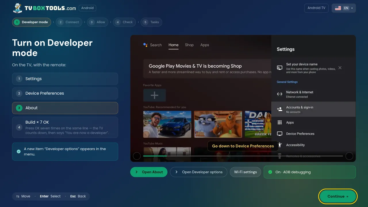 Developer mode wizard on the TV with the real settings screens pictured