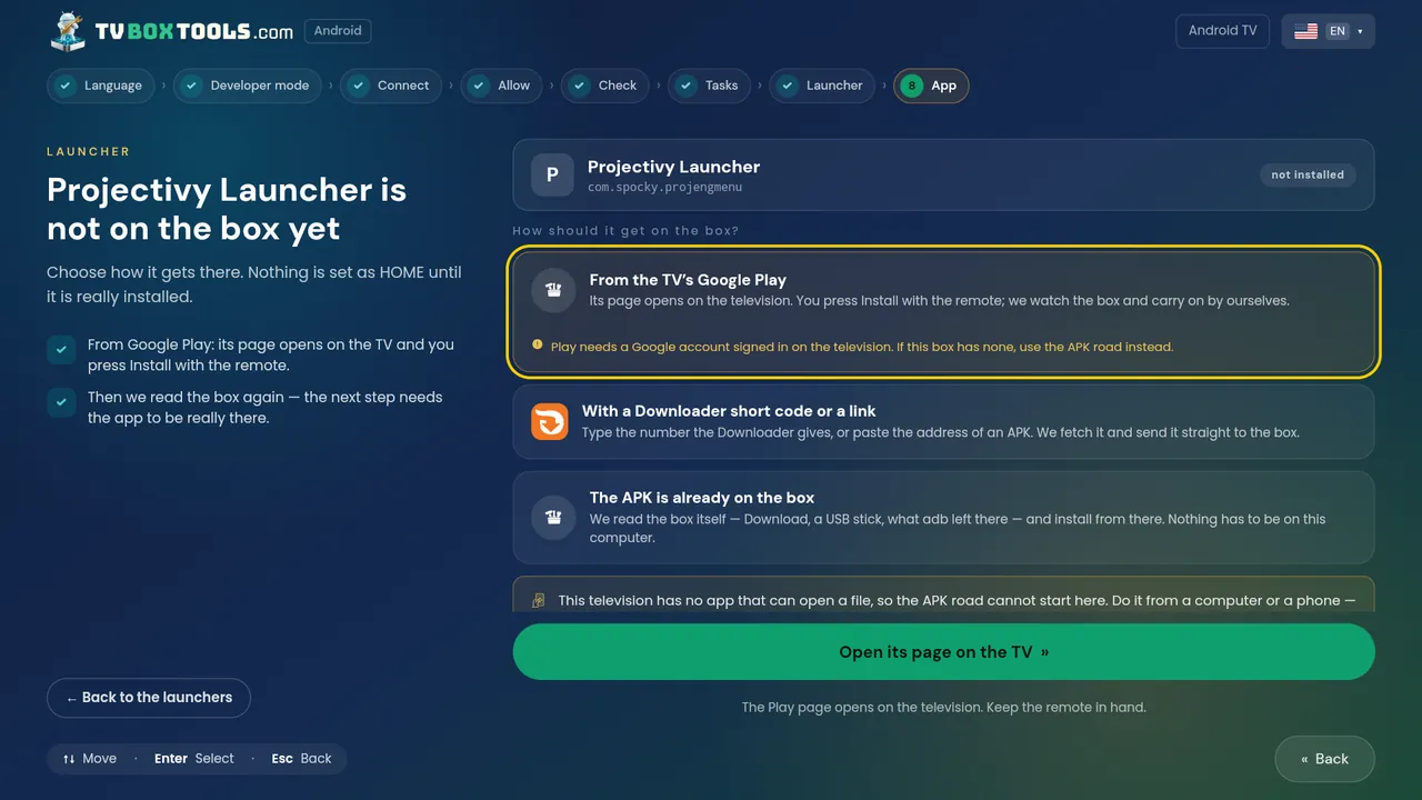 Three ways an app gets onto the box: the TV's Google Play, a Downloader short code or link, or an APK already on the box