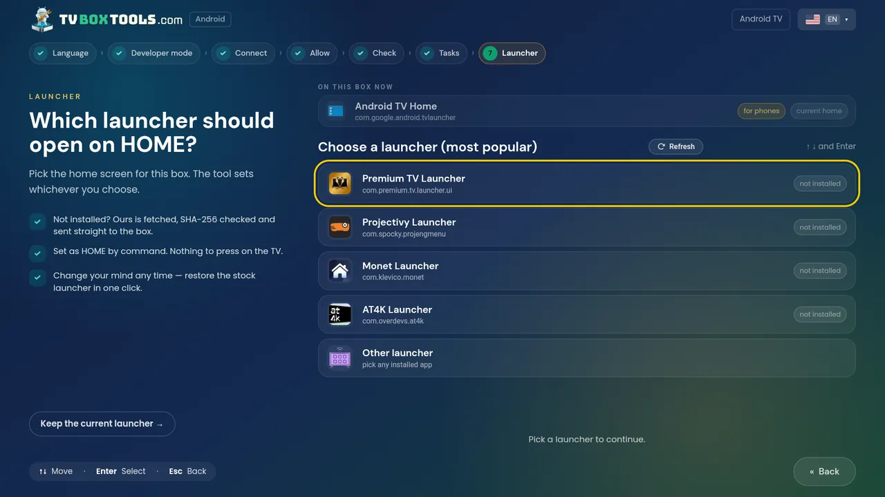 Which launcher should open on HOME, on the TV: keep the current one or pick from the most popular