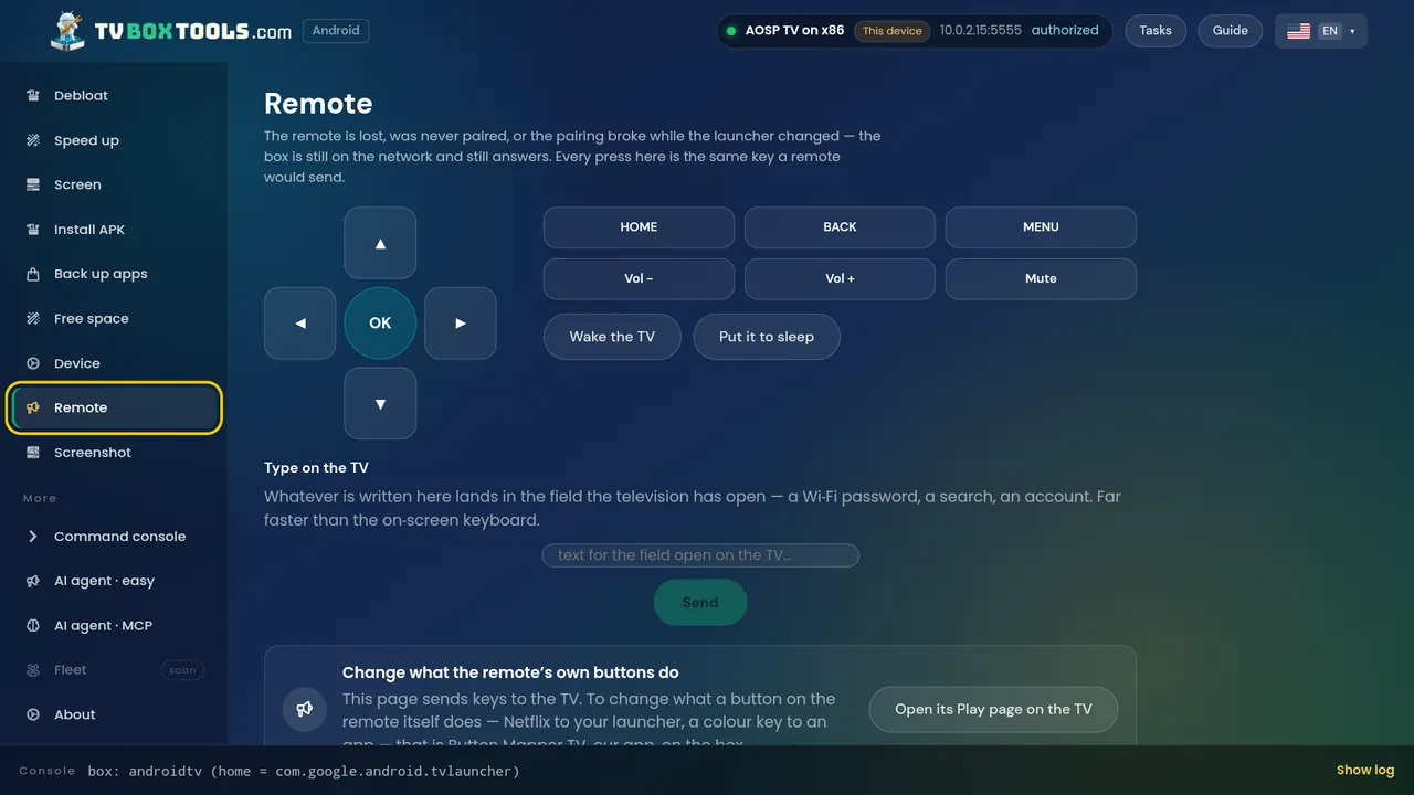 On-screen remote on the TV: arrows, OK, HOME, back, menu, volume, wake and sleep, and typing into the field the TV has open