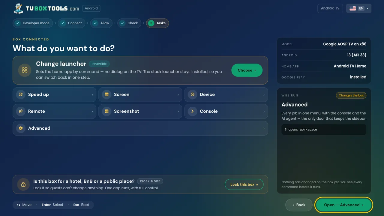 TV Box Tools running on the TV itself: the Tasks hub in landscape with the remote